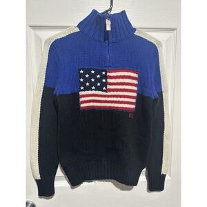 Polo Ralph Lauren boy's USA American flag 1/4 zip sweater red white blue black M